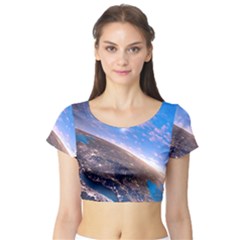 Earth Blue Galaxy Sky Space Short Sleeve Crop Top by Cemarart