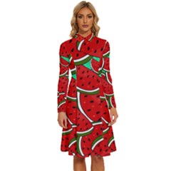 Summer Watermelon Fruit Long Sleeve Shirt Collar A-line Dress by Cemarart