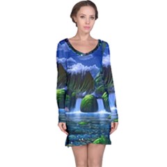 Flamingo Paradise Scenic Bird Fantasy Moon Paradise Waterfall Magical Nature Long Sleeve Nightdress by Ndabl3x