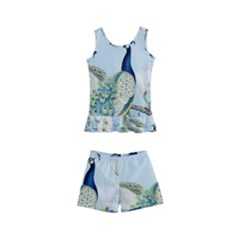 Couple Peacock Bird Spring White Blue Art Magnolia Fantasy Flower Kids  Boyleg Swimsuit by Ndabl3x