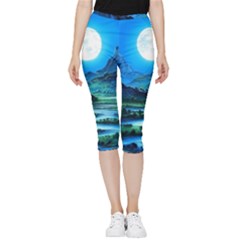 Bright Full Moon Painting Landscapes Scenery Nature Inside Out Lightweight Velour Capri Leggings  by Ndabl3x