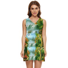 Paradise Forest Painting Bird Deer Waterfalls Tiered Sleeveless Mini Dress by Ndabl3x