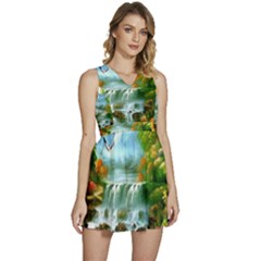 Paradise Forest Painting Bird Deer Waterfalls Sleeveless High Waist Mini Dress by Ndabl3x