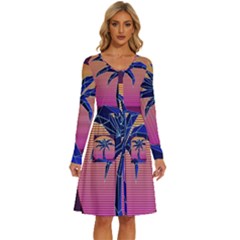 Abstract 3d Art Holiday Island Palm Tree Pink Purple Summer Sunset Water Long Sleeve Dress With Pocket by Cemarart