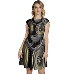 Abstract Style Gears Gold Silver Cap Sleeve High Waist Dress by Cemarart