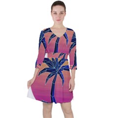 Abstract 3d Art Holiday Island Palm Tree Pink Purple Summer Sunset Water Quarter Sleeve Ruffle Waist Dress by Cemarart