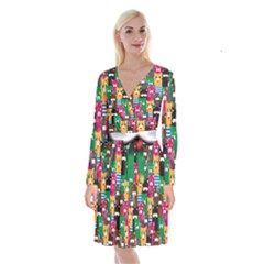 Cat Funny Colorful Pattern Long Sleeve Velvet Front Wrap Dress by Grandong