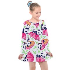 Panda Umbrella Pattern Kids  Long Sleeve Dress by Cemarart