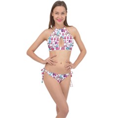 Owl Pattern Cross Front Halter Bikini Set by Cemarart