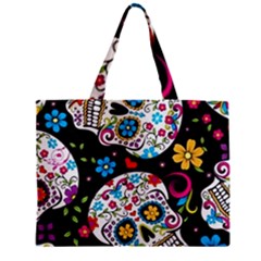 Sugar Skull Black Olorful Flower Zipper Mini Tote Bag by Cemarart