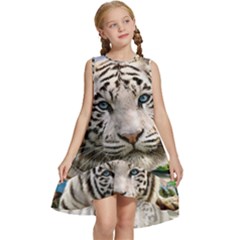 White Tiger Peacock Animal Fantasy Water Summer Kids  Frill Swing Dress by Cemarart