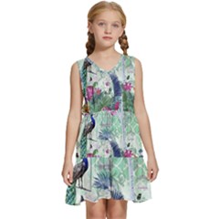 Peacock Parrot Bird Pattern Exotic Summer Green Flower Jungle Paradise Kids  Sleeveless Tiered Mini Dress by Cemarart