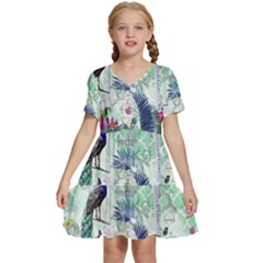 Peacock Parrot Bird Pattern Exotic Summer Green Flower Jungle Paradise Kids  Short Sleeve Tiered Mini Dress by Cemarart