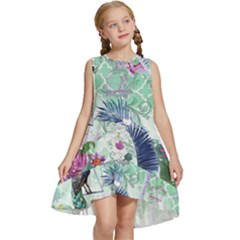 Peacock Parrot Bird Pattern Exotic Summer Green Flower Jungle Paradise Kids  Frill Swing Dress by Cemarart