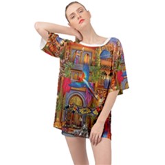 Arabian Street Art Colorful Peacock Tiger Man Parrot Horse Dancer Fantasy Oversized Chiffon Top by Cemarart