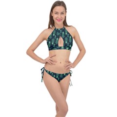 Peacock Pattern Cross Front Halter Bikini Set by Cemarart