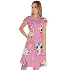 Cute Animal Little Cat Seamless Pattern Classic Short Sleeve Dress by Cemarart