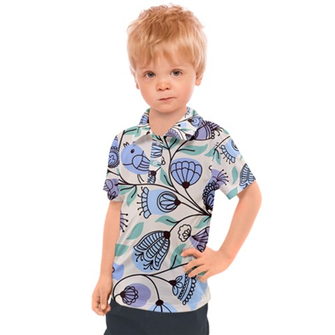 Bird Floral Blue Flower Retro Seamless Pattern Kids  Polo T-shirt by Cemarart