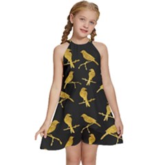 Background With Golden Birds Kids  Halter Collar Waist Tie Chiffon Dress by Ndabl3x