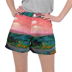 Unicorn Valley Aesthetic Clouds Landscape Mountain Nature Pop Art Surrealism Retrowave Women s Ripstop Shorts by Cemarart