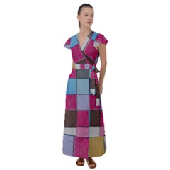 Tile, Colorful, Squares, Texture Flutter Sleeve Maxi Dress by nateshop