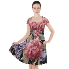 Retro Texture With Flowers, Black Background With Flowers Cap Sleeve Midi Dress by nateshop