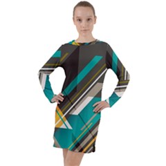 Material Design, Lines, Retro Abstract Art, Geometry Long Sleeve Hoodie Dress