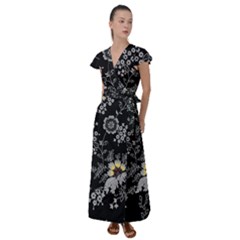 Black Background With Gray Flowers, Floral Black Texture Flutter Sleeve Maxi Dress by nateshop