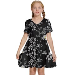 Black Background With Gray Flowers, Floral Black Texture Kids  Short Sleeve Tiered Mini Dress by nateshop