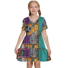 Pattern Design Art Techno  Dj Music Retro Music Device Kids  Short Sleeve Tiered Mini Dress by Cemarart