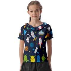 Big Set Cute Astronauts Space Planets Stars Aliens Rockets Ufo Constellations Satellite Moon Rover Kids  Frill Chiffon Blouse by Cemarart