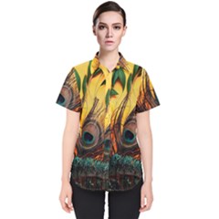 Sunset Illustration Water Night Sun Landscape Grass Clouds Painting Digital Art Drawing Women s Short Sleeve Shirt