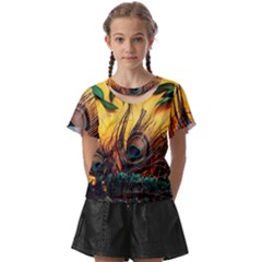 Sunset Illustration Water Night Sun Landscape Grass Clouds Painting Digital Art Drawing Kids  Front Cut T-shirt by Cemarart