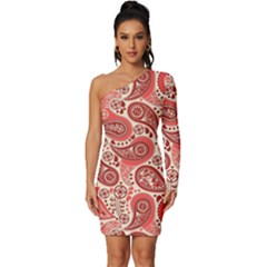 Paisley Red Ornament Texture Long Sleeve One Shoulder Mini Dress by nateshop