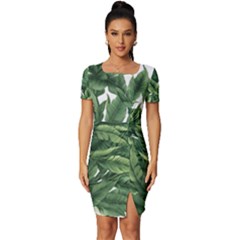 Tropical Leaves Fitted Knot Split End Bodycon Dress by goljakoff