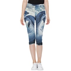 Dolphins Sea Ocean Water Inside Out Lightweight Velour Capri Leggings  by Cemarart