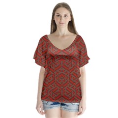 Hexagon Motif Geometric Tribal Style Pattern V-neck Flutter Sleeve Top by dflcprintsclothing