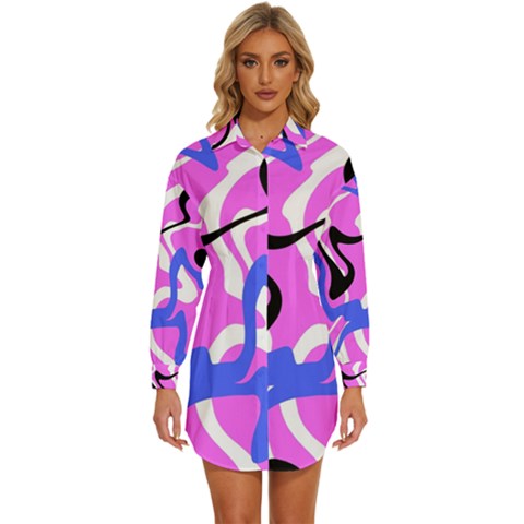 Swirl Pink White Blue Black Womens Long Sleeve Shirt Dress by Cemarart