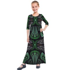 Fractal Green Black 3d Art Floral Pattern Kids  Quarter Sleeve Maxi Dress by Cemarart