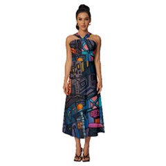 Wallet City Art Graffiti Sleeveless Cross Front Cocktail Midi Chiffon Dress by Bedest