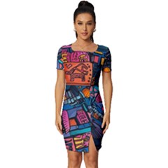 Wallet City Art Graffiti Fitted Knot Split End Bodycon Dress by Bedest