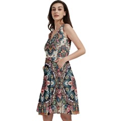 Floral Pattern Flowers Sleeveless V-neck Skater Dress With Pockets by Grandong