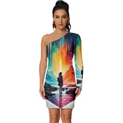 Starry Night Wanderlust: A Whimsical Adventure Long Sleeve One Shoulder Mini Dress by stine1