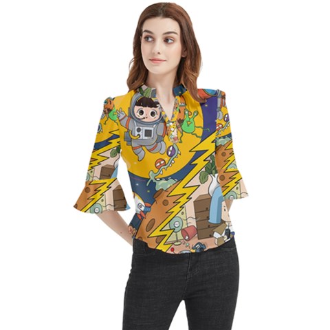 Astronaut Moon Monsters Spaceship Universe Space Cosmos Loose Horn Sleeve Chiffon Blouse by Maspions