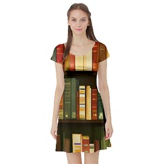 Books Bookshelves Library Fantasy Apothecary Book Nook Literature Study Short Sleeve Skater Dress by Grandong