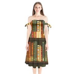 Books Bookshelves Library Fantasy Apothecary Book Nook Literature Study Shoulder Tie Bardot Midi Dress by Grandong