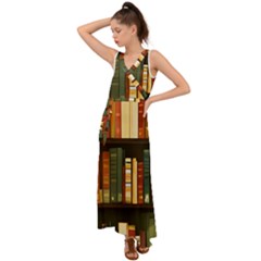 Books Bookshelves Library Fantasy Apothecary Book Nook Literature Study V-neck Chiffon Maxi Dress by Grandong