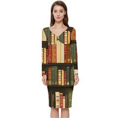 Books Bookshelves Library Fantasy Apothecary Book Nook Literature Study Long Sleeve V-neck Bodycon Dress  by Grandong