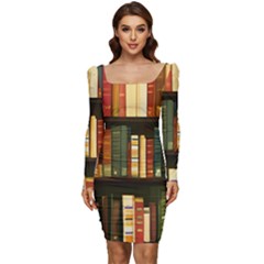 Books Bookshelves Library Fantasy Apothecary Book Nook Literature Study Women Long Sleeve Ruched Stretch Jersey Dress by Grandong