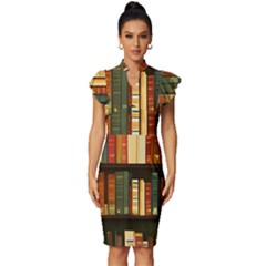 Books Bookshelves Library Fantasy Apothecary Book Nook Literature Study Vintage Frill Sleeve V-neck Bodycon Dress by Grandong